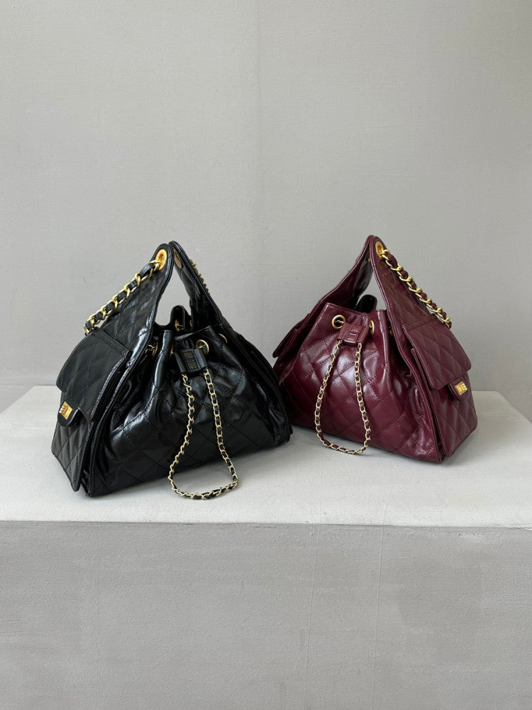 Quilted Diamond Leather Drawstring Hobo Bag – Gold Chain Strap | Lambskin & Cowhide Shoulder Bag for Women