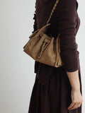 Quilted Suede Lambskin Drawstring Bucket Bag – Gold Chain Shoulder Bag | Diamond Quilt with Side Flap Pockets & Turn-Lock Clasp