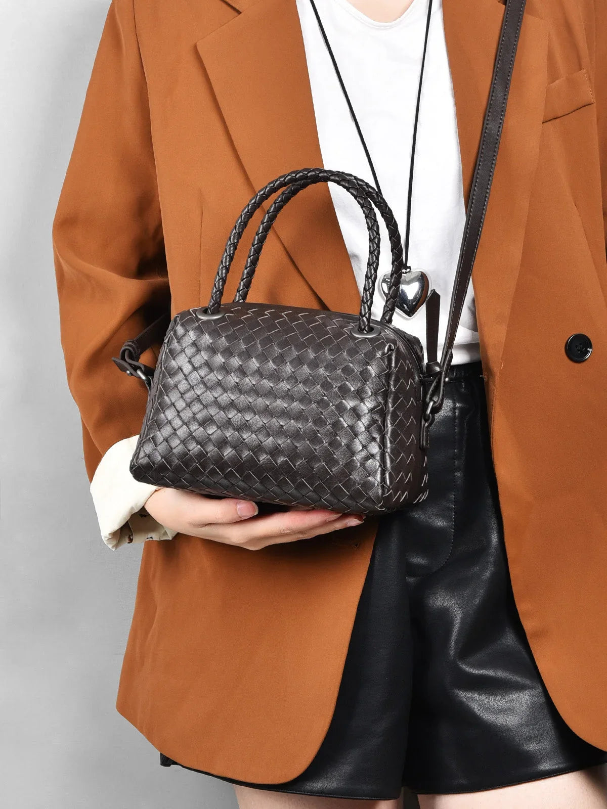 Luxury Women's Lambskin Woven Boston Crossbody Bag | Handcrafted Versatile Shoulder Bag