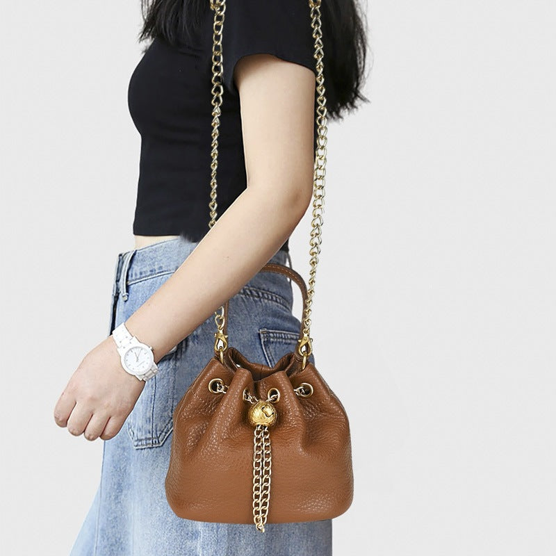 Handcrafted Top Grain Cowhide Leather Mini Bucket Bag | Women's Drawstring Chain Crossbody Purse