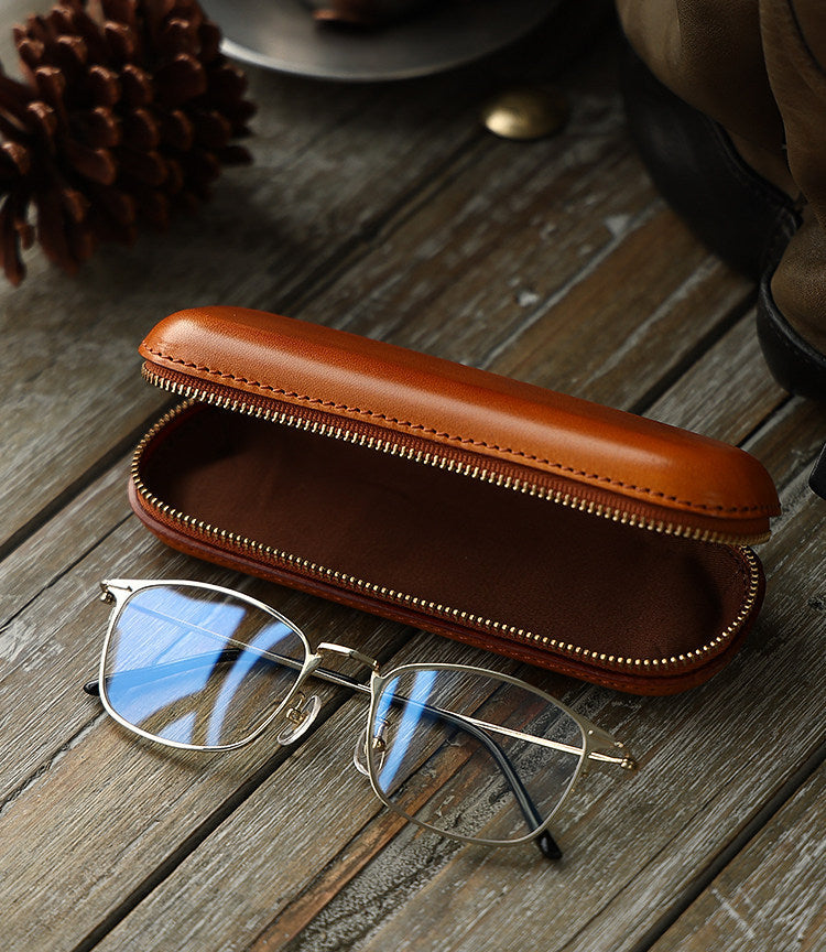 Vintage Leather Glasses Case | Cowhide Leather Zip Eyewear Case