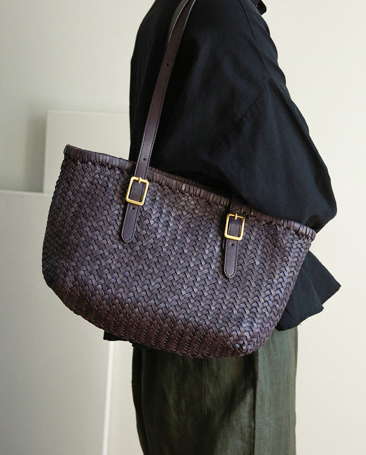 Handwoven Cowhide Leather Basket Tote Bag | Women's Shoulder Hobo Bag