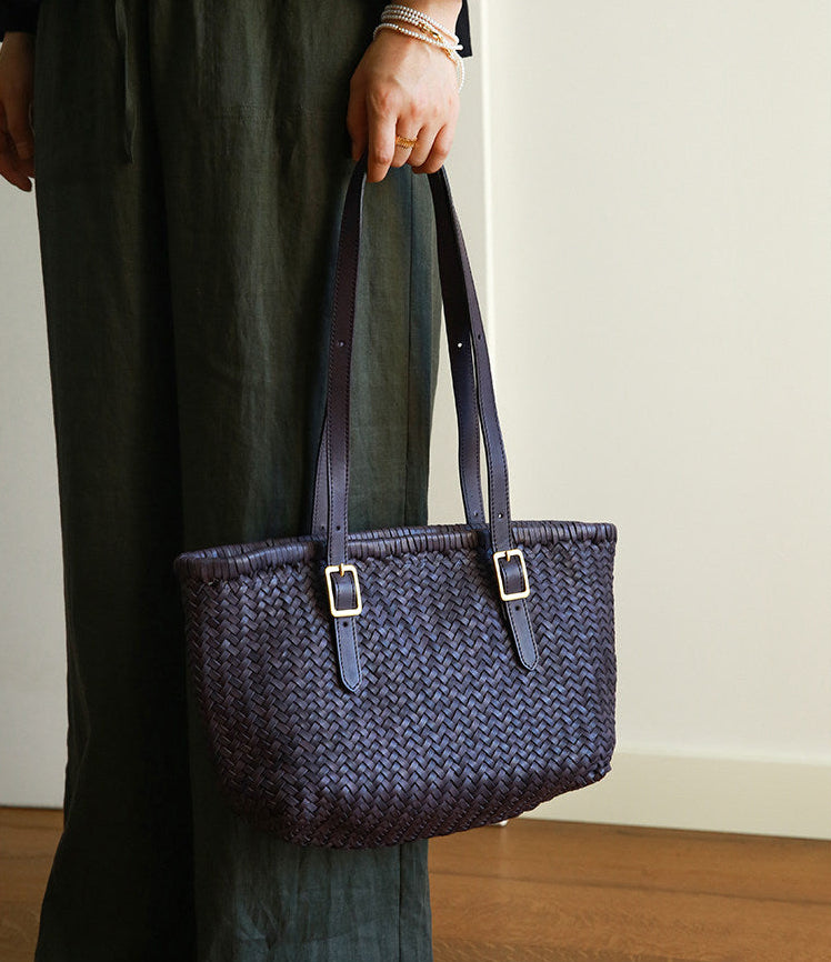 Handwoven Cowhide Leather Basket Tote Bag | Women's Shoulder Hobo Bag