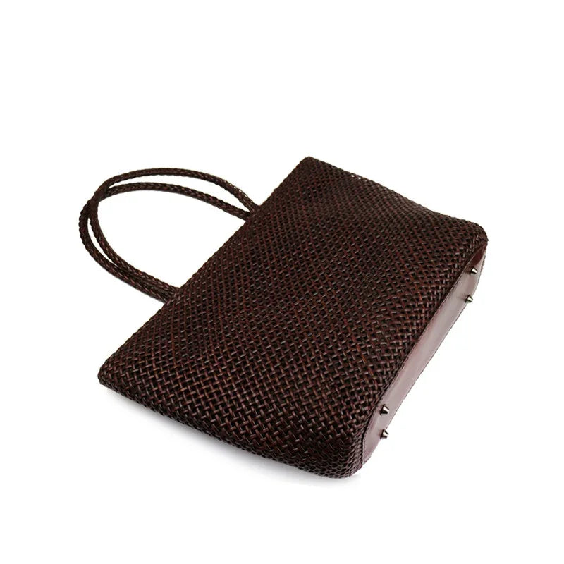 Handwoven Genuine Leather Tote Bag – Triple-Jump Bamboo Weave | Two Sizes, Leather Base, Zip Closure, 5 Colourways