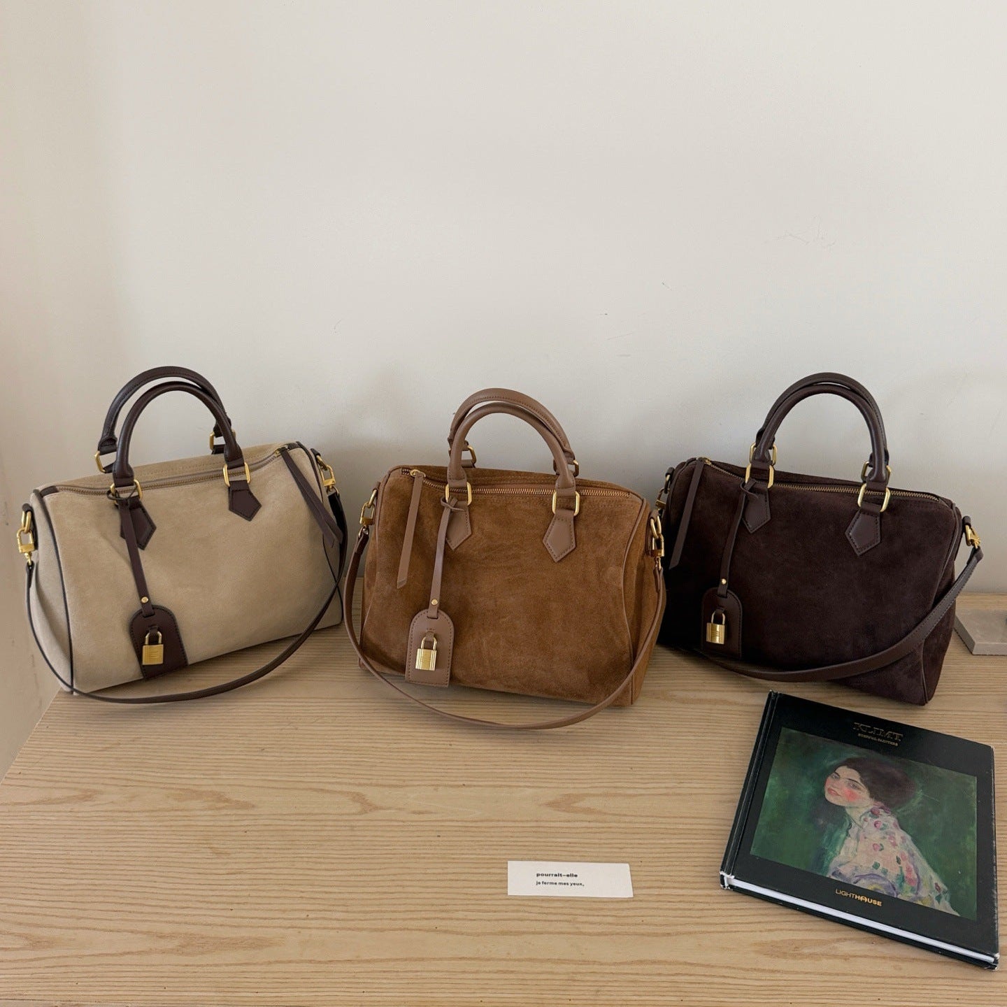 Handcrafted Suede Leather Boston Bag for Women | Padlock Charm Shoulder& Crossbody Bag | Handcrafted Matte Cowhide Top Handle Purse
