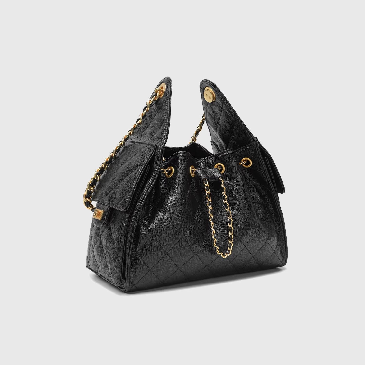 Quilted Diamond Leather Drawstring Hobo Bag – Gold Chain Strap | Lambskin & Cowhide Shoulder Bag for Women