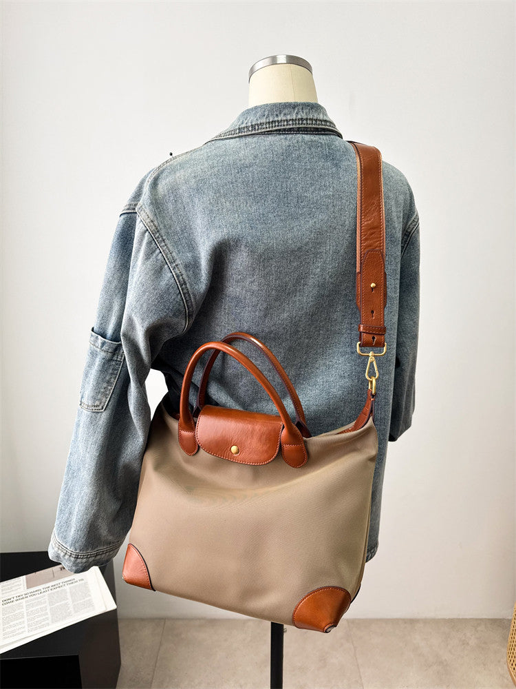 Recycled Nylon & Cowhide Leather Work Tote Bag – Handmade, 3 Sizes | Personalised Initials, Laptop Bag, Waterproof, Anti-Slip Strap