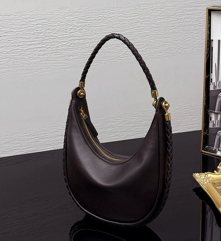 Braided Strap Lambskin Leather Hobo Bag | Handheld, Shoulder, and Crossbody Crescent Bag