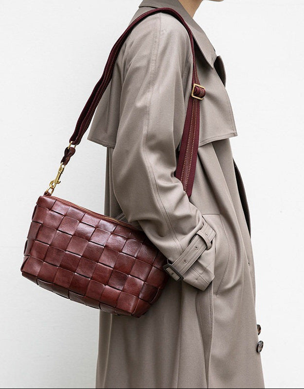 Handwoven Full Grain Leather Crossbody Bag | Vintage Women's Shoulder Bag