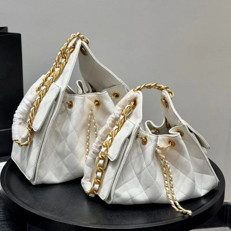 Quilted Diamond Leather Drawstring Hobo Bag – Gold Chain Strap | Lambskin & Cowhide Shoulder Bag for Women