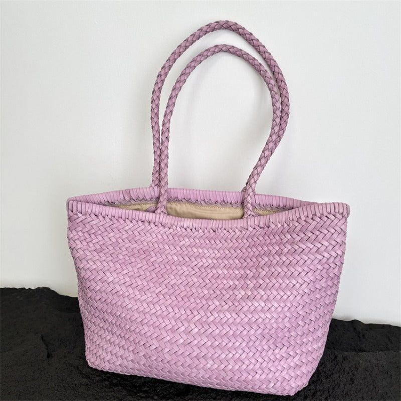 Handwoven Basket Tote Bag | Vegetable-Tanned Italian Cowhide Hand-Carry Bag | Minimalist Summer Commuter Style