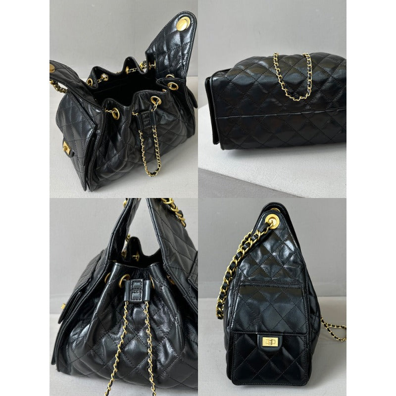 Quilted Diamond Leather Drawstring Hobo Bag – Gold Chain Strap | Lambskin & Cowhide Shoulder Bag for Women