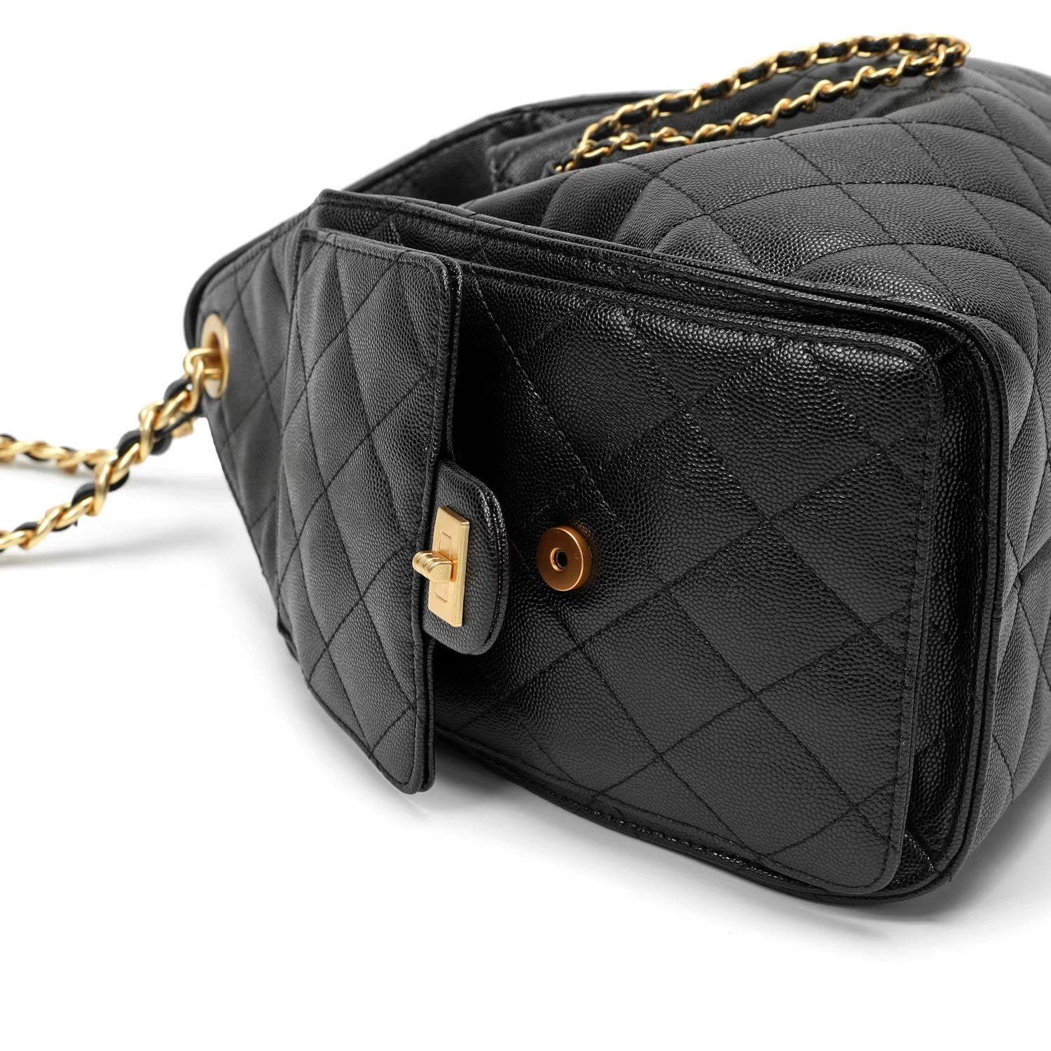 Quilted Diamond Leather Drawstring Hobo Bag – Gold Chain Strap | Lambskin & Cowhide Shoulder Bag for Women