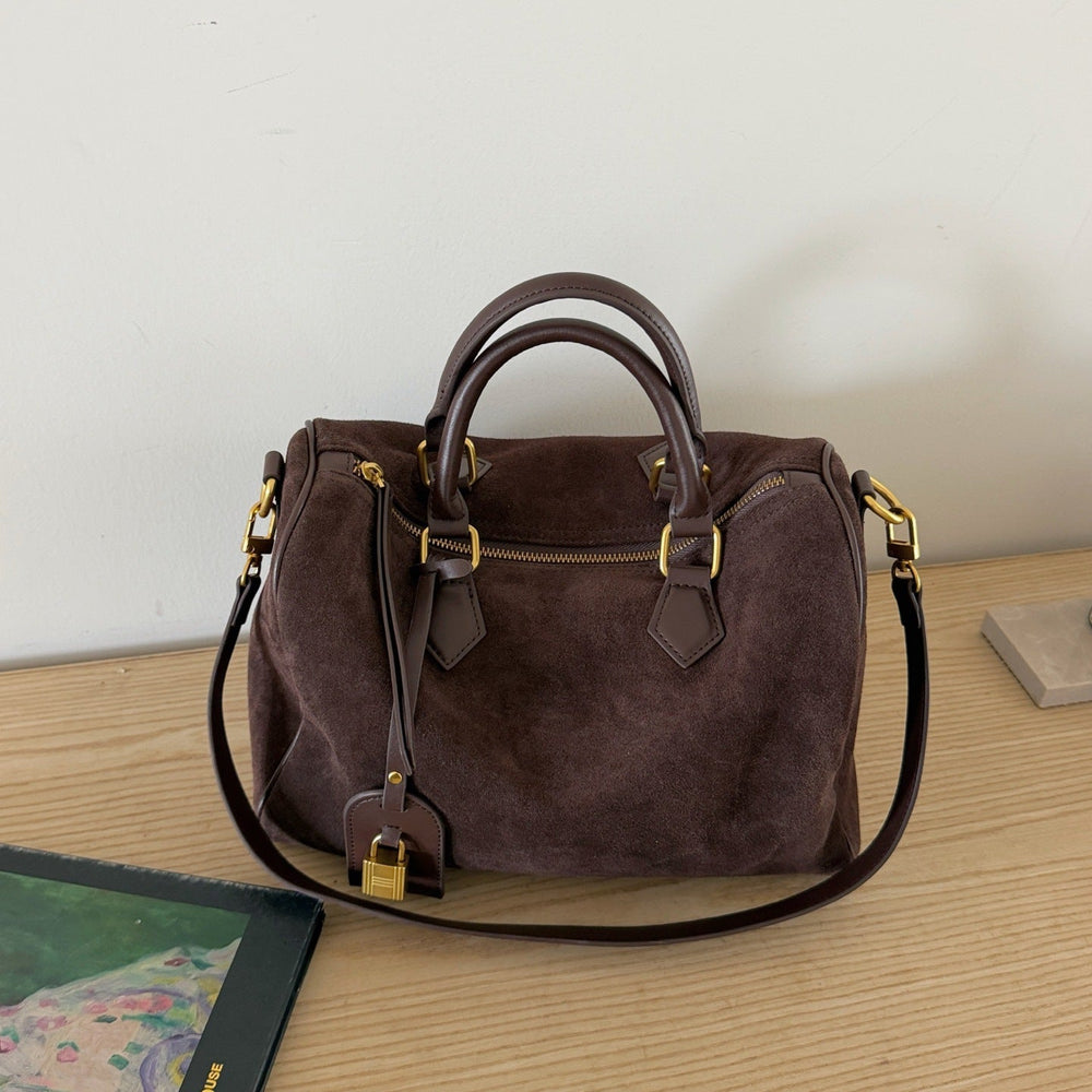 Handcrafted Suede Leather Boston Bag for Women | Padlock Charm Shoulder& Crossbody Bag | Handcrafted Matte Cowhide Top Handle Purse