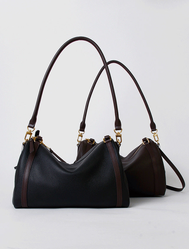 Full Grain Leather Pillow Boston Bag – Pebbled Cowhide & Suede Shoulder Bag | Gold Hardware, Top Handle & Crossbody Strap