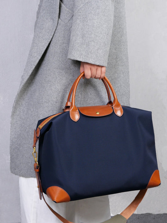 Recycled nylon and cowhide leather work tote bag in navy – handmade large laptop tote by Alexel Crafts
