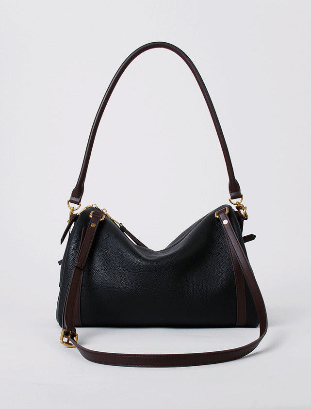 Full Grain Leather Pillow Boston Bag – Pebbled Cowhide & Suede Shoulder Bag | Gold Hardware, Top Handle & Crossbody Strap