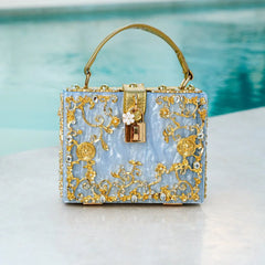 Acrylic Evening Clutch Bag, Box Handbag with Metal Carving & Rhinestone for Women