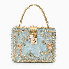 Acrylic Evening Clutch Bag, Box Handbag with Metal Carving & Rhinestone for Women