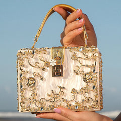 Acrylic Evening Clutch Bag, Box Handbag with Metal Carving & Rhinestone for Women