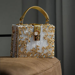 Acrylic Evening Clutch Bag, Box Handbag with Metal Carving & Rhinestone for Women