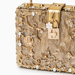 Acrylic Evening Clutch Bag, Box Handbag with Metal Carving & Rhinestone for Women