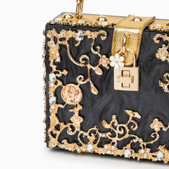 Acrylic Evening Clutch Bag, Box Handbag with Metal Carving & Rhinestone for Women