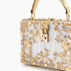 Acrylic Evening Clutch Bag, Box Handbag with Metal Carving & Rhinestone for Women