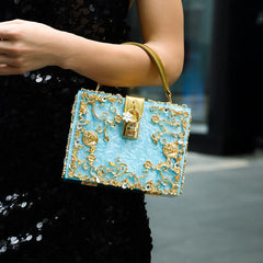 Acrylic Evening Clutch Bag, Box Handbag with Metal Carving & Rhinestone for Women