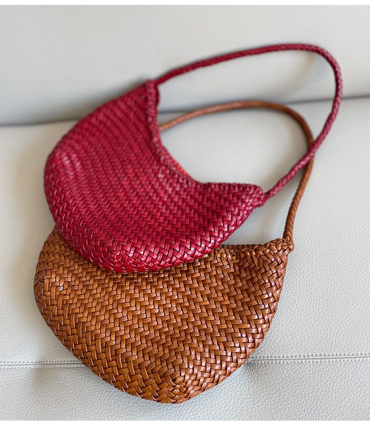 Artisanal Braided Leather Basket Bag, Handwoven Leather Hobo Bag, Full Grain Underarm Bag