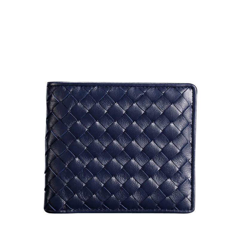 Navy blue lambskin woven leather wallet, handcrafted, minimalist men's card holder