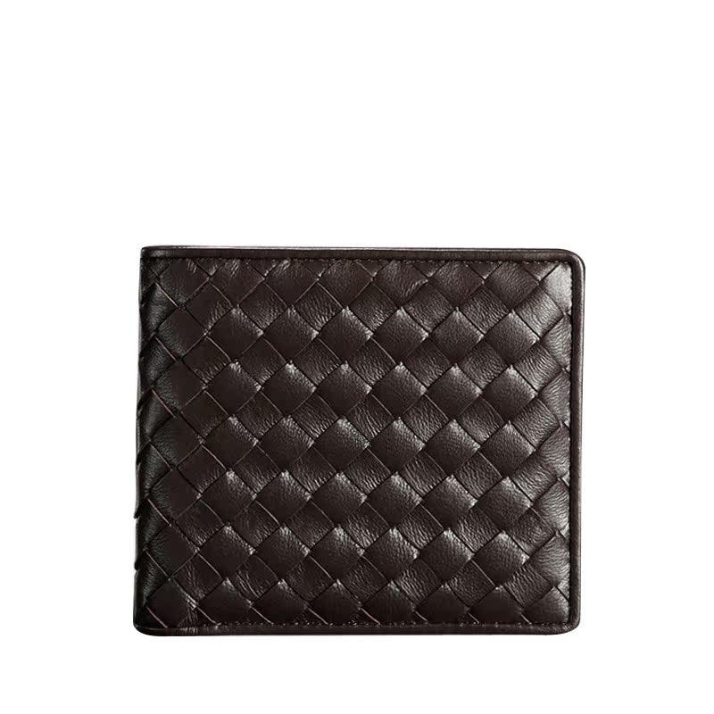 Handcrafted men's woven lambskin leather wallet in dark brown with a trifold design