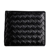 Black woven lambskin leather wallet, handcrafted, with a textured basket weave design.
