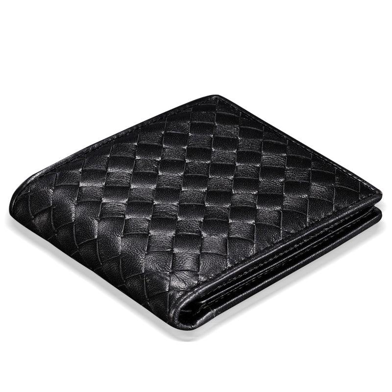 Black lambskin leather woven wallet with trifold design for men or women on white background