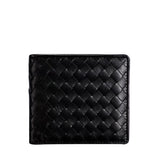 Black woven lambskin leather trifold wallet for men, handcrafted and minimalist design