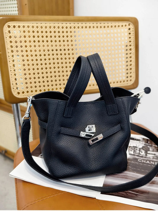 Authentic Pebbled Grain Leather Bucket Shoulder Bag, Luxury Silver Buckle Handbag | Spacious Crossbody Shoulder Bag for Women