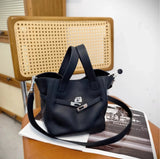Pebbled Grain Leather Bucket Shoulder Bag with Silver Buckle - Alexel Crafts