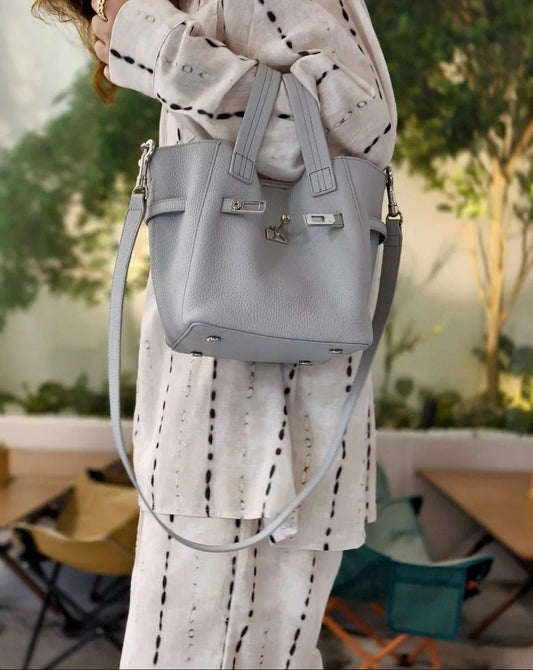 Pebbled Grain Leather Bucket Shoulder Bag with Silver Buckle - Alexel Crafts