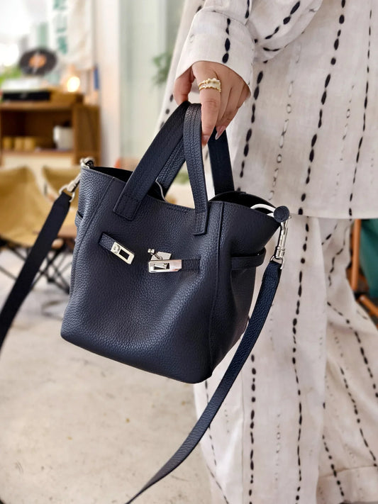 Authentic Pebbled Grain Leather Bucket Shoulder Bag, Luxury Silver Buckle Handbag | Spacious Crossbody Shoulder Bag for Women