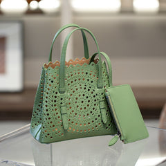 Calfskin Leather Wave-Cut Hollow Out Shoulder Bag, Scalloped Laser-Cut Handbag, Fashion Designer Bag