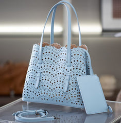 Calfskin Leather Wave-Cut Hollow Out Shoulder Bag, Scalloped Laser-Cut Handbag, Fashion Designer Bag