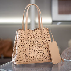 Calfskin Leather Wave-Cut Hollow Out Shoulder Bag, Scalloped Laser-Cut Handbag, Fashion Designer Bag