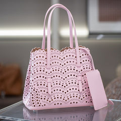Calfskin Leather Wave-Cut Hollow Out Shoulder Bag, Scalloped Laser-Cut Handbag, Fashion Designer Bag