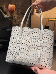 Calfskin Leather Wave-Cut Hollow Out Shoulder Bag, Scalloped Laser-Cut Handbag, Fashion Designer Bag