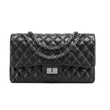 Quilted black genuine leather crossbody shoulder bag with silver chain strap and turn-lock clasp