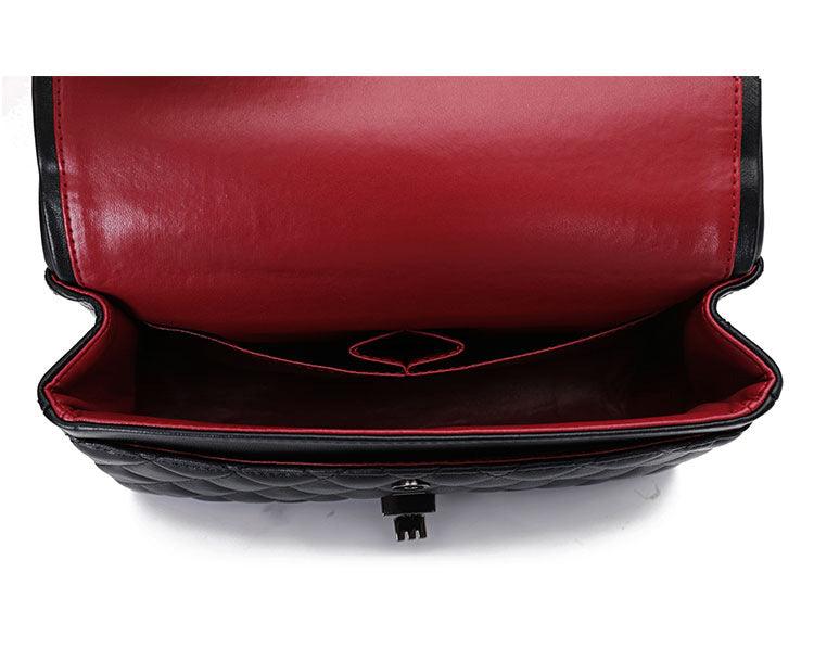 Open black quilted genuine leather shoulder bag with red interior and inner pocket