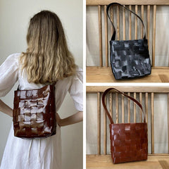 Cowhide Leather Bucket Bag Handwoven Chocolate Brown, Coffee, Black, Retro Medium Purse Womens Cinch Shoulder Bag, Gift for Her