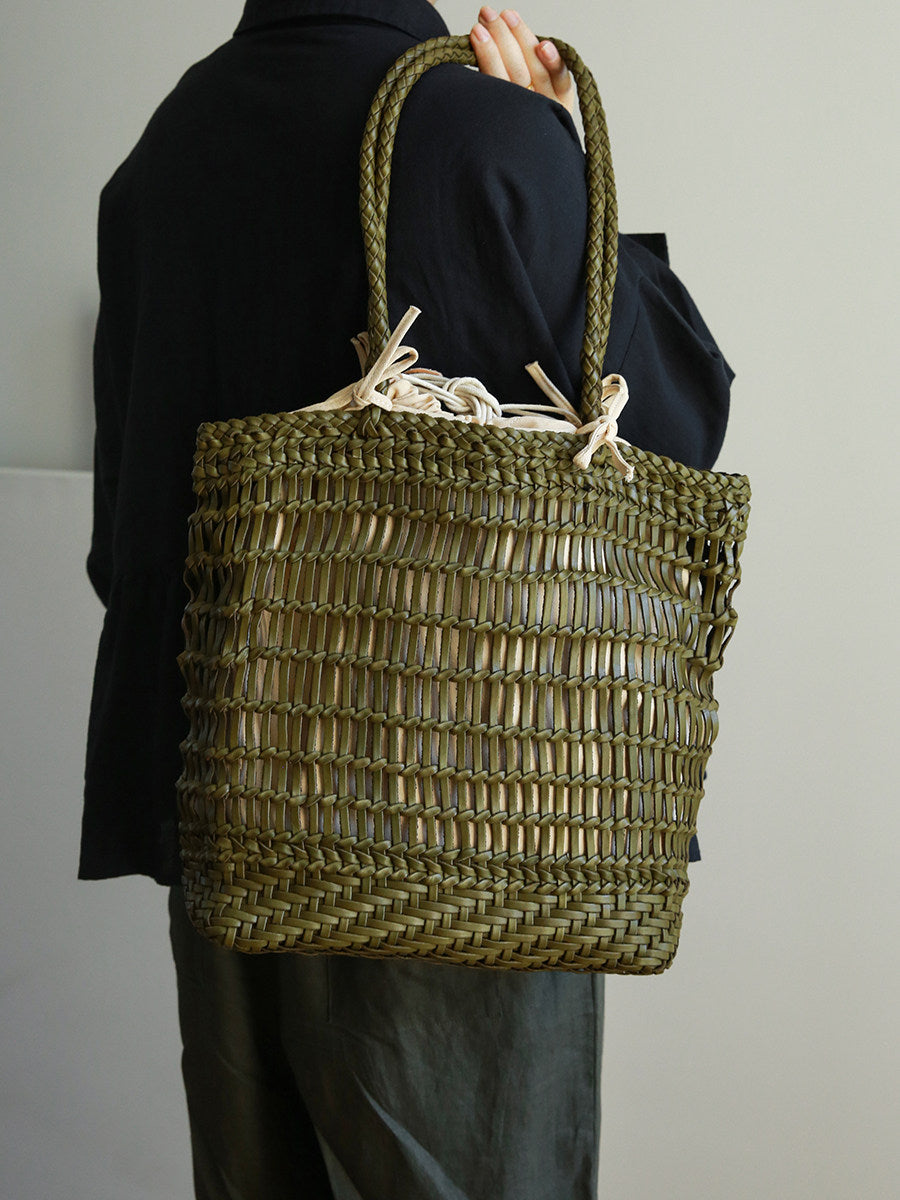 Handwoven Leather Tote Bag | Full Grain Cowhide Open Weave Shoulder Bag | Large Basket Tote | Boho Leather Handbag