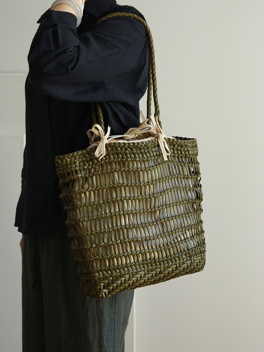 Handwoven Leather Tote Bag | Full Grain Cowhide Open Weave Shoulder Bag | Large Basket Tote | Boho Leather Handbag