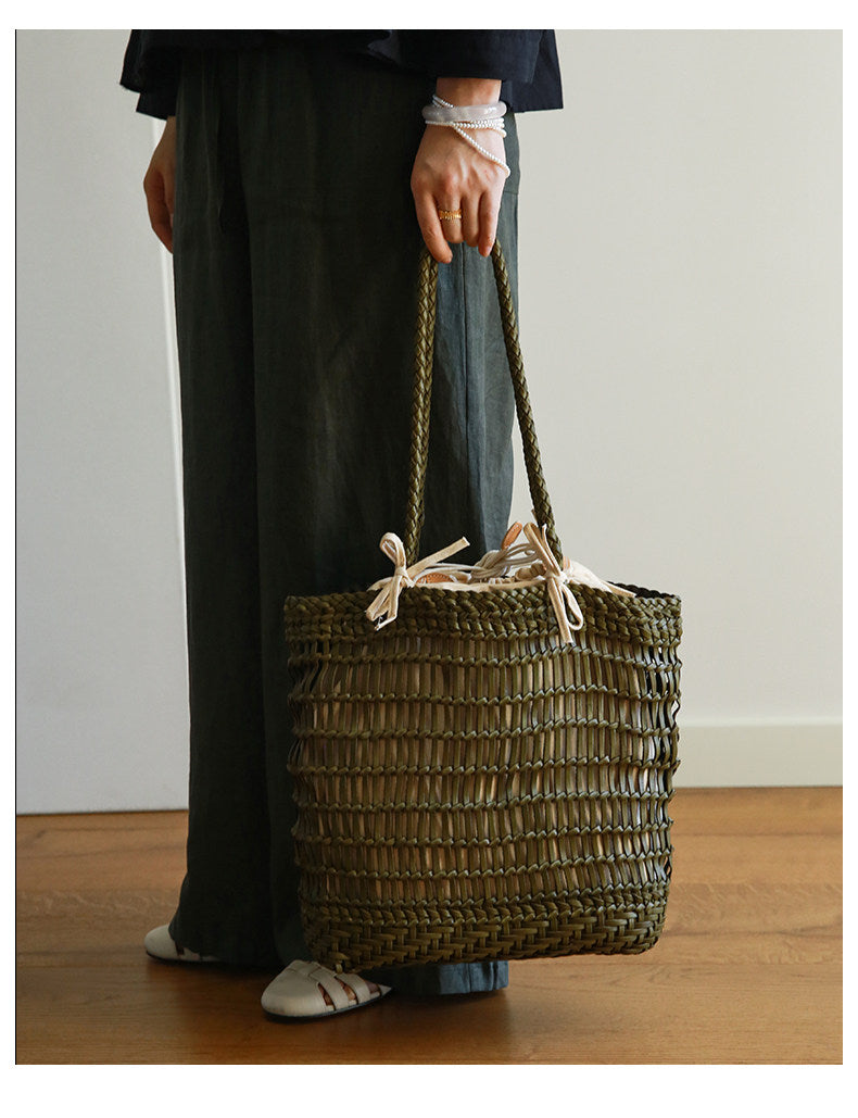 Handwoven Leather Tote Bag | Full Grain Cowhide Open Weave Shoulder Bag | Large Basket Tote | Boho Leather Handbag